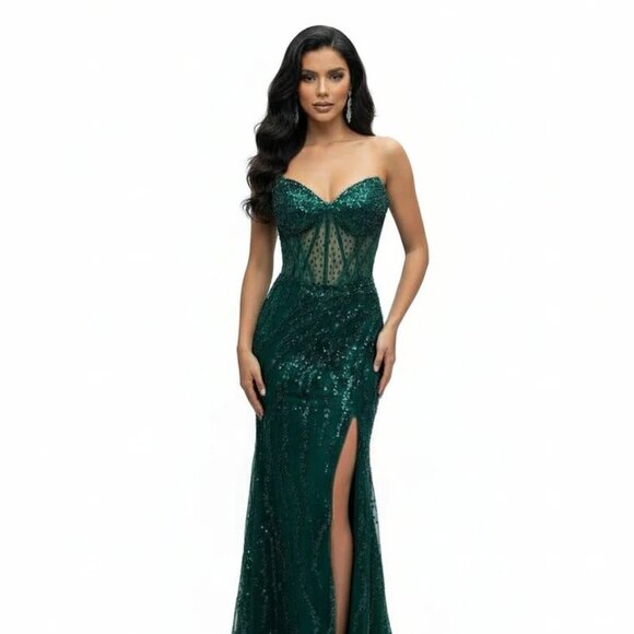New Strapless Sheath Prom Gown w/Sheer Boned Bodice & Sweetheart Neck TC TL3041C - Picture 1 of 9